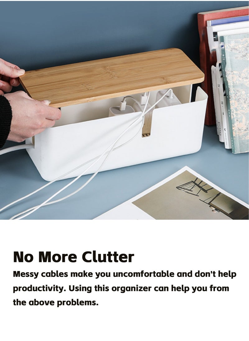 Teuuea 2 Pieces Large Cable Management Boxes, Desktop Floor Computer TV Cords Slotted Organizer, High Utility Strong Home Office Conceal Power Strip Cable Extension Cord USB-Hub Bamboo Lid Holder (White)  - Image 2