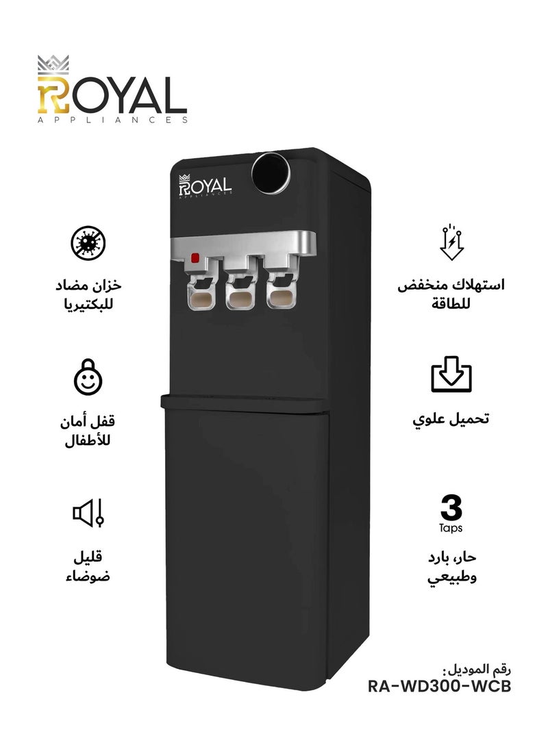 Royal Appliances Royal Stand Water Dispenser with Cabinet, 3 Taps (Hot, Cold & Normal), Top-Loading, Energy-Efficient Cooling, Child Safety Lock with low noice – Model RA-WD300-WCB, Black - Image 1