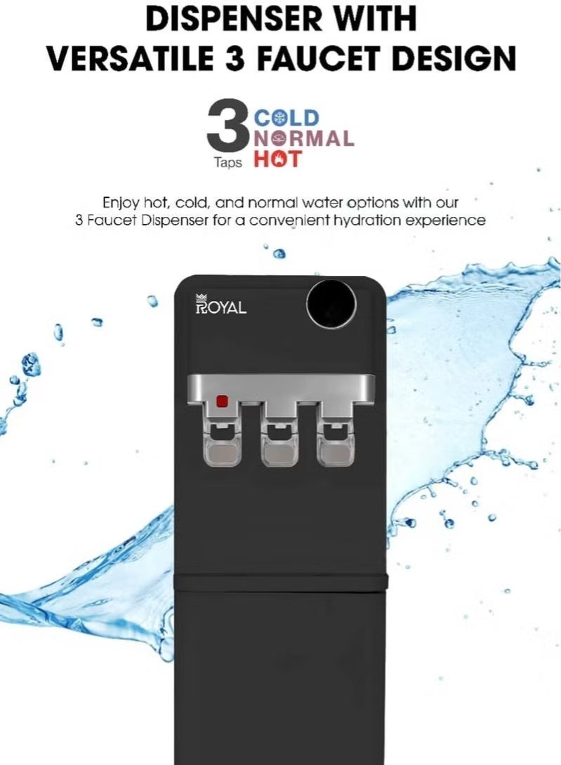 Royal Appliances Royal Stand Water Dispenser with Cabinet, 3 Taps (Hot, Cold & Normal), Top-Loading, Energy-Efficient Cooling, Child Safety Lock with low noice – Model RA-WD300-WCB, Black - Image 4