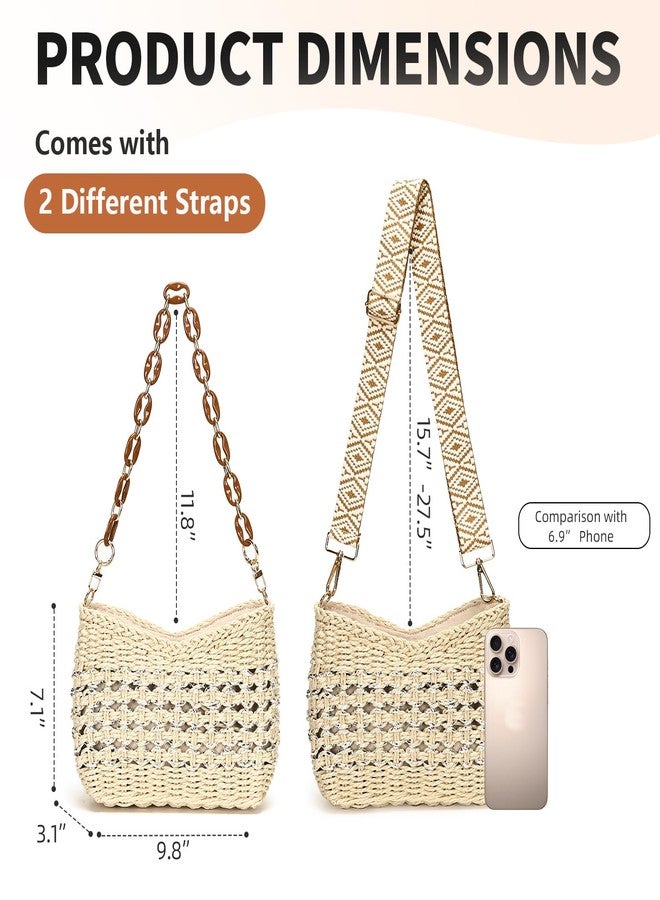 Herald Small Summer Crossbody Bags for Women, Beach Handmade Straw Woven Pocketbooks Handbag Shoulder Purse, Beige With Silvery Thread, Small - Image 4