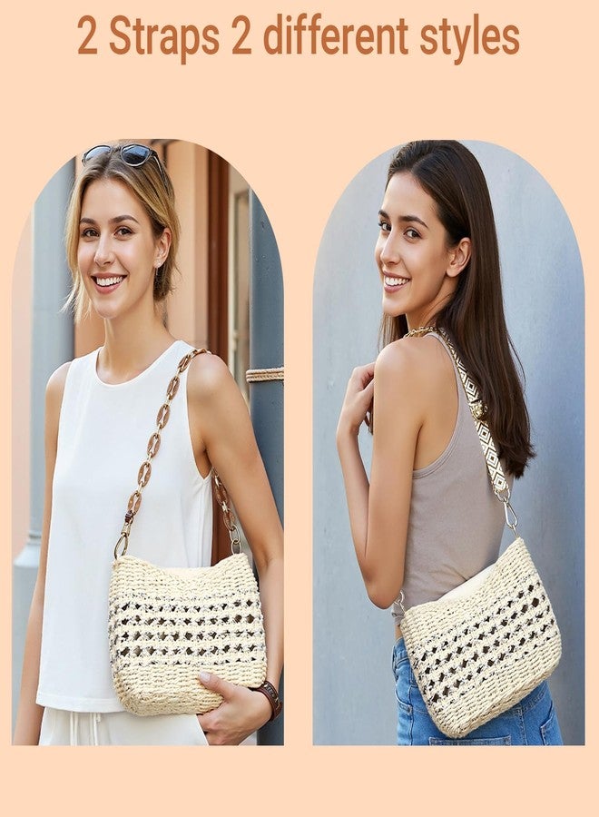 Herald Small Summer Crossbody Bags for Women, Beach Handmade Straw Woven Pocketbooks Handbag Shoulder Purse, Beige With Silvery Thread, Small - Image 2