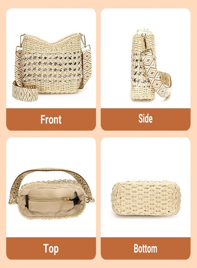 Herald Small Summer Crossbody Bags for Women, Beach Handmade Straw Woven Pocketbooks Handbag Shoulder Purse, Beige With Silvery Thread, Small - Image 3