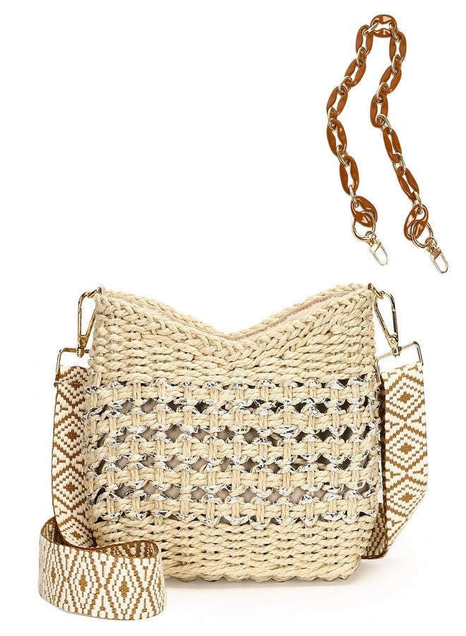 Herald Small Summer Crossbody Bags for Women, Beach Handmade Straw Woven Pocketbooks Handbag Shoulder Purse, Beige With Silvery Thread, Small - Image 1