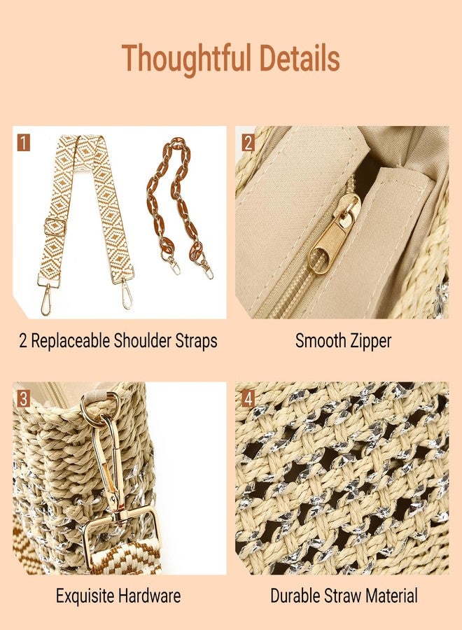 Herald Small Summer Crossbody Bags for Women, Beach Handmade Straw Woven Pocketbooks Handbag Shoulder Purse, Beige With Silvery Thread, Small - Image 5