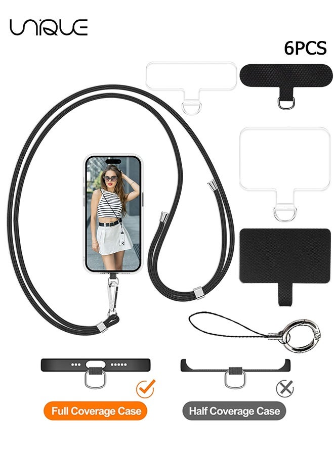 يونيك حبل الهاتف - حبل الهاتف مع 4 بقع عالمية - حبل هاتف قابل للتعديل 1.6 متر - يمكن استخدامه للهاتف المتقاطع وأحزمة الرقبة والمعصم - مع خطاف معدني - متوافق مع معظم الهواتف الذكية مع حافظة التغطية الكاملة - حرر يديك (أسود / شفاف) - Image 1