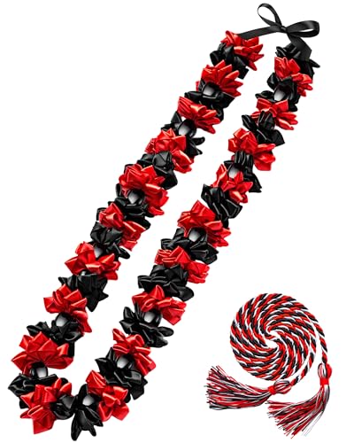 Cindeer Graduation Leis Class of 2026 Graduation Ribbon Leis with Kukui Nut Beads and Honor Cord Hawaiian Kukui Nut Beads Necklace for Party Student Gift SuppliesBlack and Red - Image 1