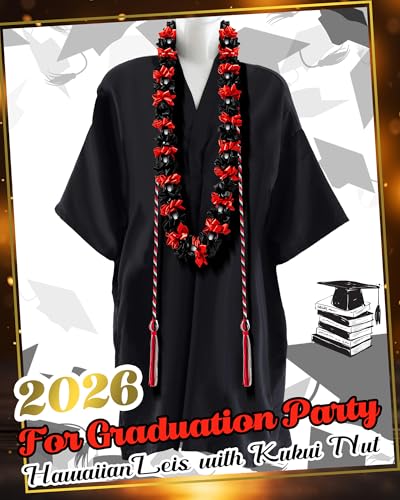Cindeer Graduation Leis Class of 2026 Graduation Ribbon Leis with Kukui Nut Beads and Honor Cord Hawaiian Kukui Nut Beads Necklace for Party Student Gift SuppliesBlack and Red - Image 3