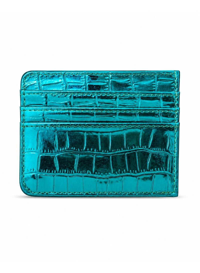 zoba Small women's wallet with a glossy crocodile leather design – multi-pocket card and wallet – slim wallet for Visa, cash, and ID – Turquoise color - Image 1