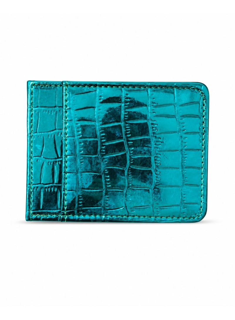 zoba Small women's wallet with a glossy crocodile leather design – multi-pocket card and wallet – slim wallet for Visa, cash, and ID – Turquoise color - Image 2