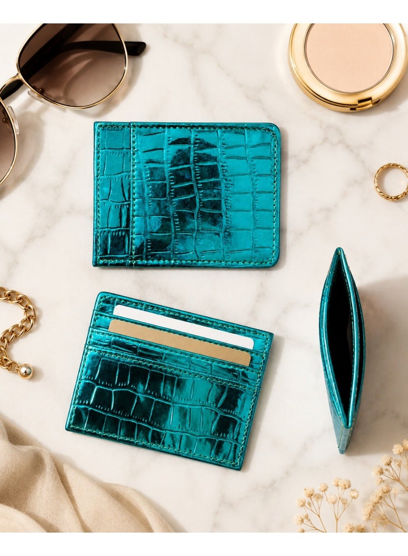 zoba Small women's wallet with a glossy crocodile leather design – multi-pocket card and wallet – slim wallet for Visa, cash, and ID – Turquoise color - Image 4