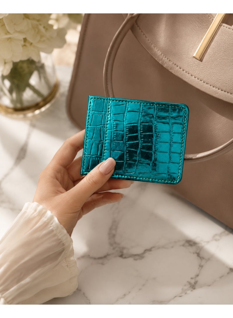 zoba Small women's wallet with a glossy crocodile leather design – multi-pocket card and wallet – slim wallet for Visa, cash, and ID – Turquoise color - Image 3