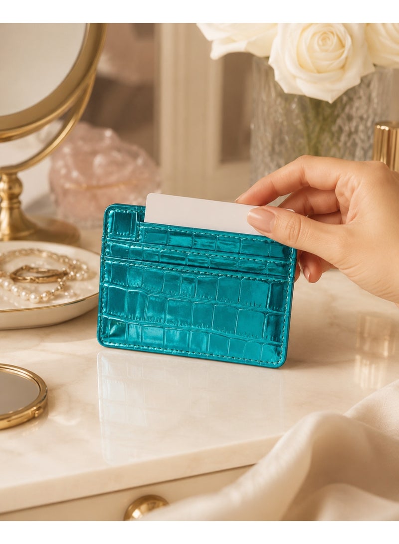 zoba Small women's wallet with a glossy crocodile leather design – multi-pocket card and wallet – slim wallet for Visa, cash, and ID – Turquoise color - Image 5