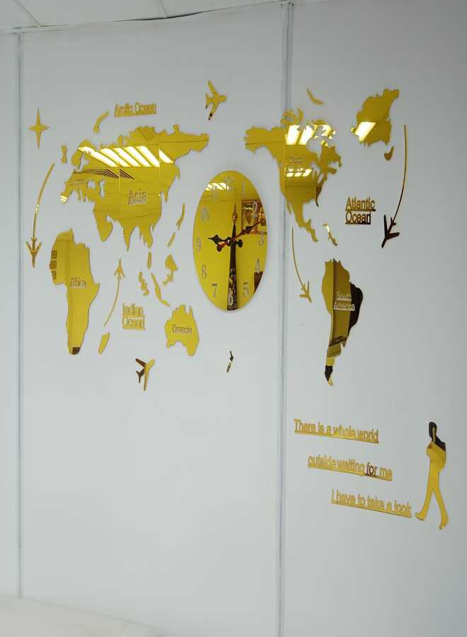 DETREND Acrylic World Map Clock Wall Clock Wall Art For Home Office Golden - Image 5