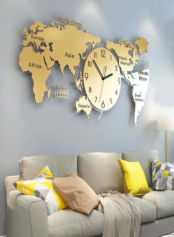 DETREND Acrylic World Map Clock Wall Clock Wall Art For Home Office Golden - Image 2