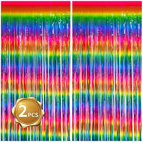 BEISHIDA 2 Pack Dark Rainbow Colorful Foil Fringe Curtain, Assort Color Tinsel Metallic Curtains Photo Backdrop for Birthday Party Wedding Engagement Bridal Shower - Image 1