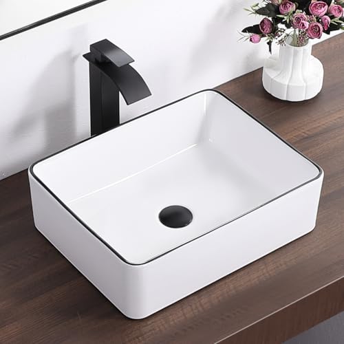 KARAMAG White Vessel Sink,Rectangle 19"x15" Bathroom Sink Above Counter Porcelain Ceramic Small Sink Bowl Ceramic Vessel Sinks for Bathrooms - Image 1