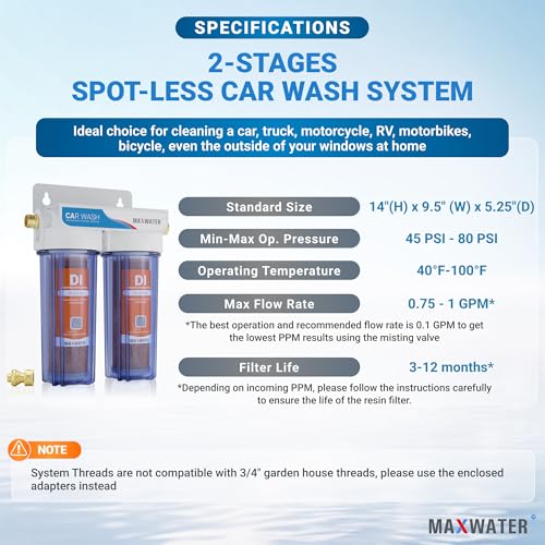 Max Water وحدة غسل السيارات خالية من البقع من ماكس ووتر بنظام إزالة الأيونات المكون من مرحلتين، مزيل أيونات المياه الفاخر لغسل خالي من البقع - نظام غسل السيارات والدراجات النارية - 2 فلتر DI مع ضغط 45-80 PSI ومدخل/مخرج 3/4" - Image 5