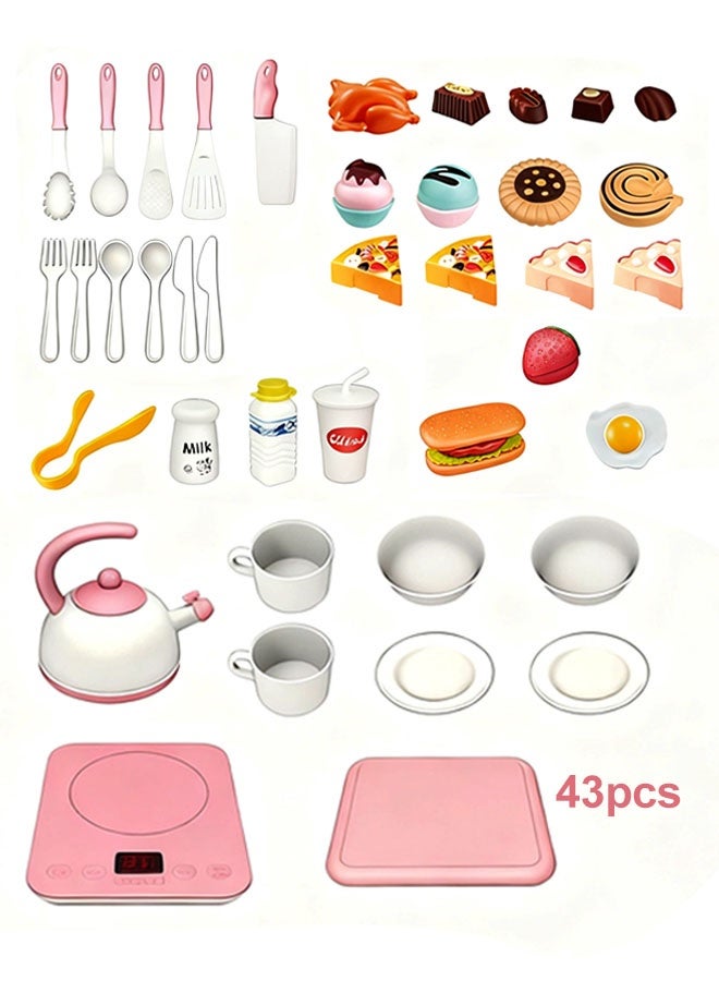 Kids Kitchen Playset, 43Pcs Toddler Pretend Cooking Play Kettle Induction Cooker Daily Food ,Pretend Play Cooking Game with Light and Sound,Simulation Kitchen with Toy Food Cookware Accessories,Chef Pretend Play Set for Boys and Girls 3+ Years Old,Safe Educational Cooking Toy for Imaginative Role Play - Image 2