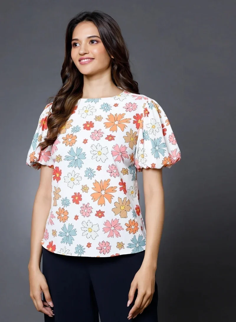 Zigzag Puff Sleeve Printed  Top