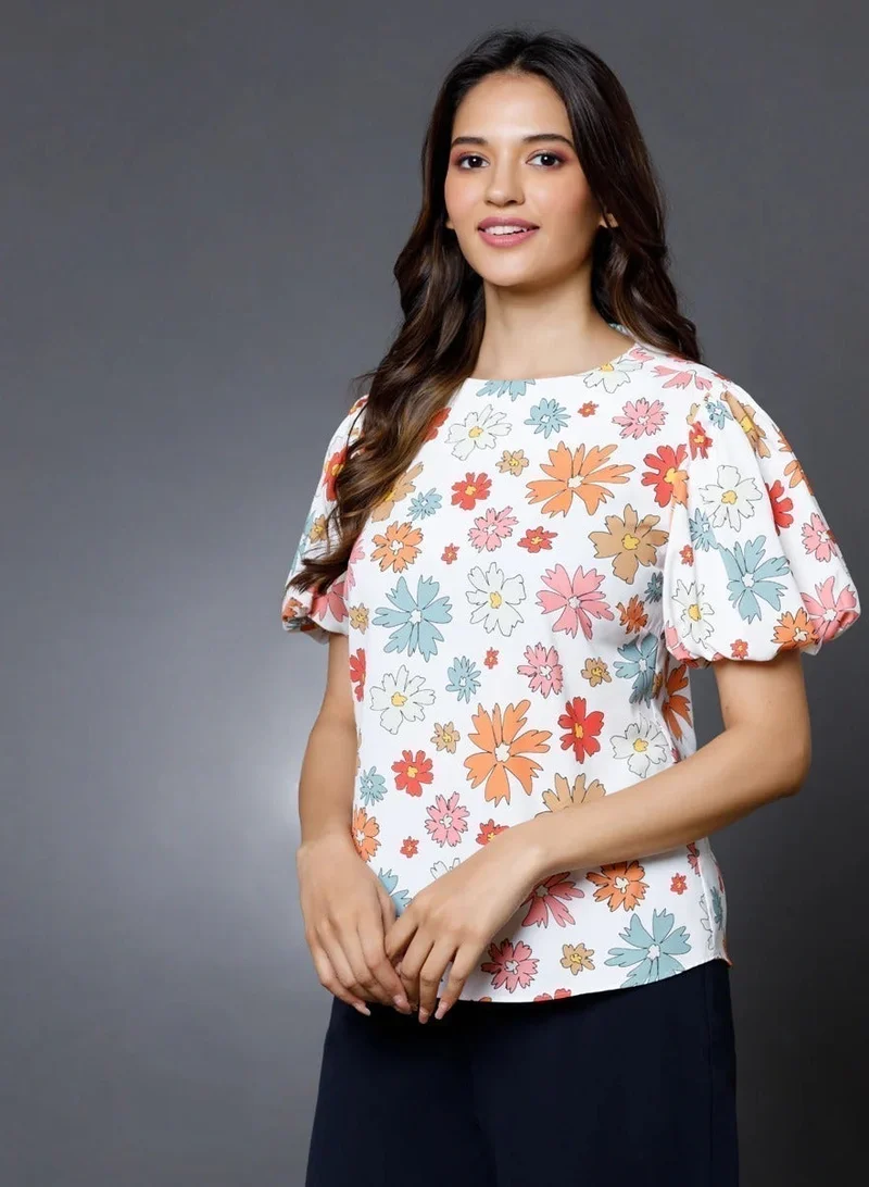 Zigzag Puff Sleeve Printed  Top