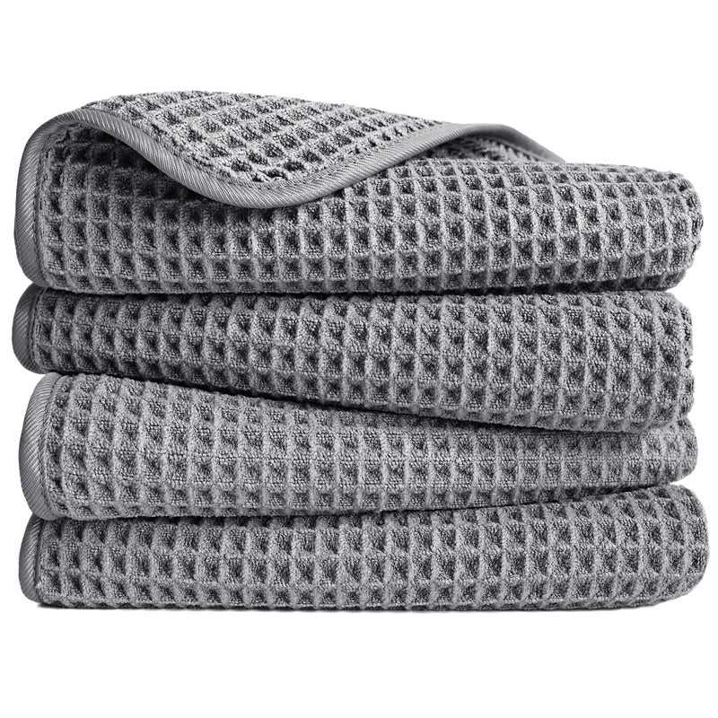 POLYTE Microfiber Lint Free Hand Towel 16 x 30 in 4 Pack Gray Waffle Weave