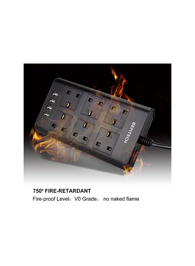 promass 3-Meter 6 Gang Extension Cord with 4 USB Ports, Surge Protected Power Strip, 6 UK-UAE Multi-Plug Charging Station, Flat Design Extension Lead for phone/Tablet/Laptops/Travel/Office/Home - Image 3