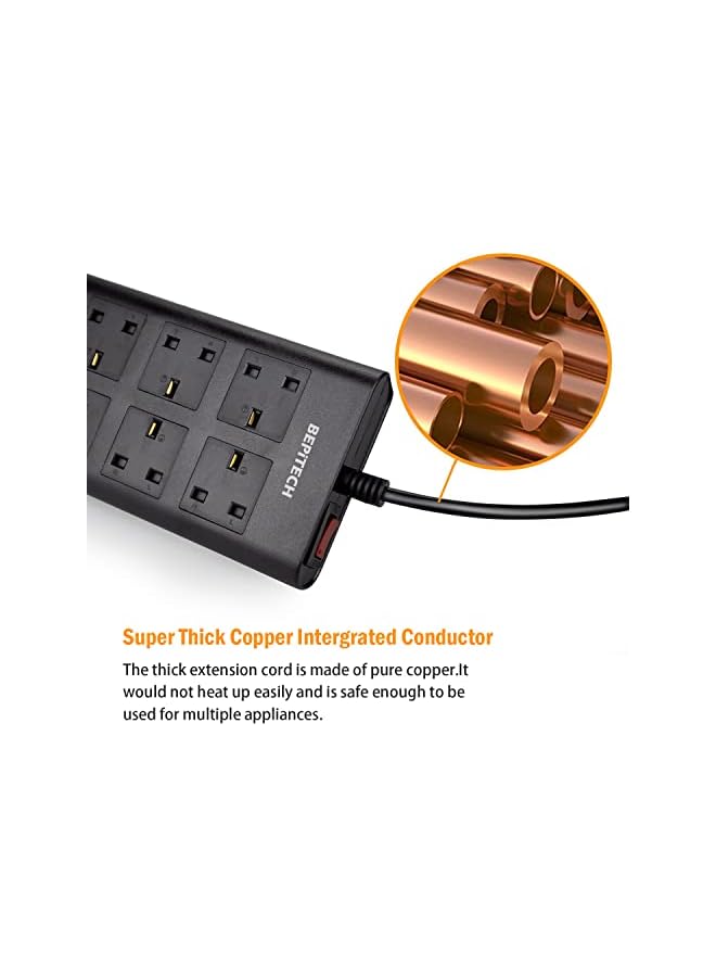 promass 3-Meter 6 Gang Extension Cord with 4 USB Ports, Surge Protected Power Strip, 6 UK-UAE Multi-Plug Charging Station, Flat Design Extension Lead for phone/Tablet/Laptops/Travel/Office/Home - Image 4