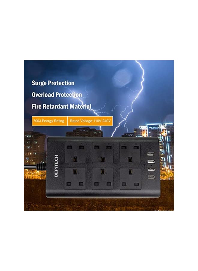 promass 3-Meter 6 Gang Extension Cord with 4 USB Ports, Surge Protected Power Strip, 6 UK-UAE Multi-Plug Charging Station, Flat Design Extension Lead for phone/Tablet/Laptops/Travel/Office/Home - Image 5