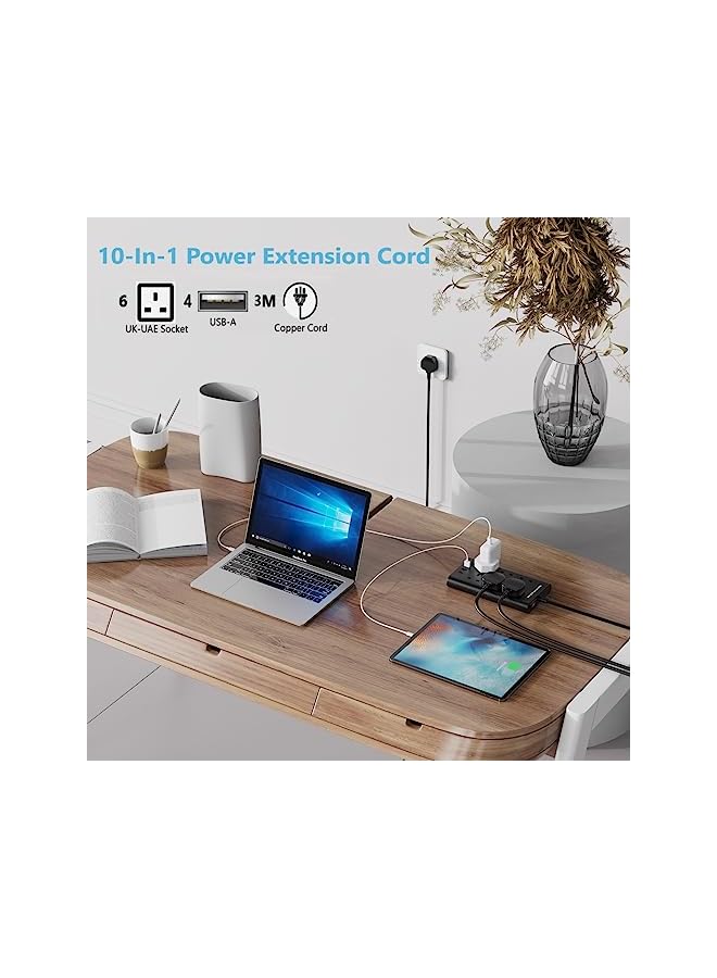 promass 3-Meter 6 Gang Extension Cord with 4 USB Ports, Surge Protected Power Strip, 6 UK-UAE Multi-Plug Charging Station, Flat Design Extension Lead for phone/Tablet/Laptops/Travel/Office/Home - Image 2
