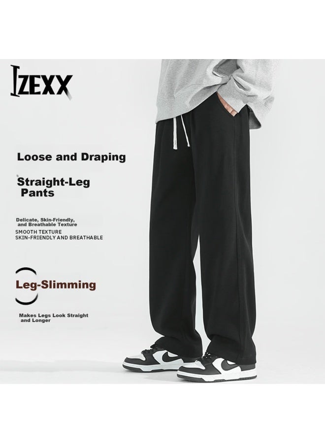 Izexx Men's American Casual Straight-leg Pants Spring Loose Draped Lazy Wide-leg Sweatpants Zis09 Black 3XL - Image 1