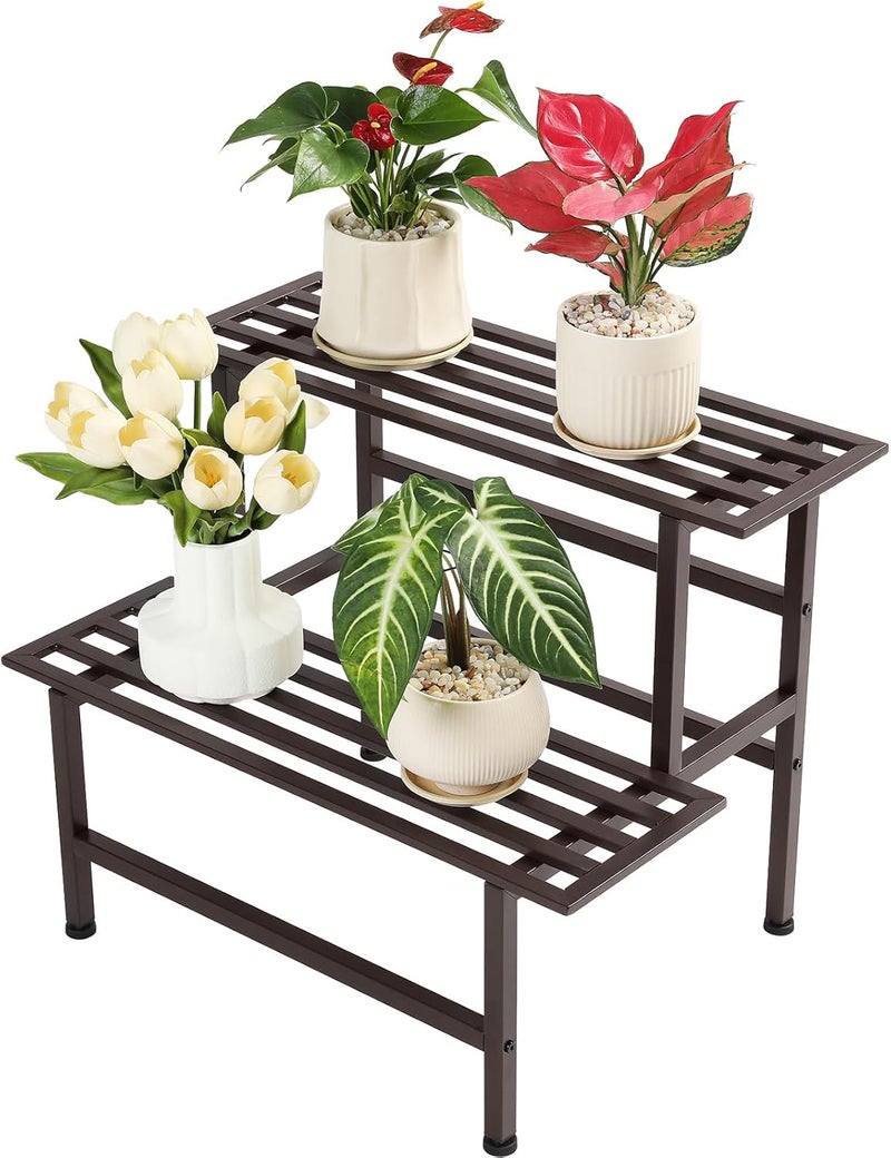 Dipion Heavy Duty Plant Stand Indoor,Outdoor Metal Plant Shelf,2 Tier Ladder Plant Stands for Multiple Plants,26" L x 20.25" H x 17.75" W,Coffee - Image 1