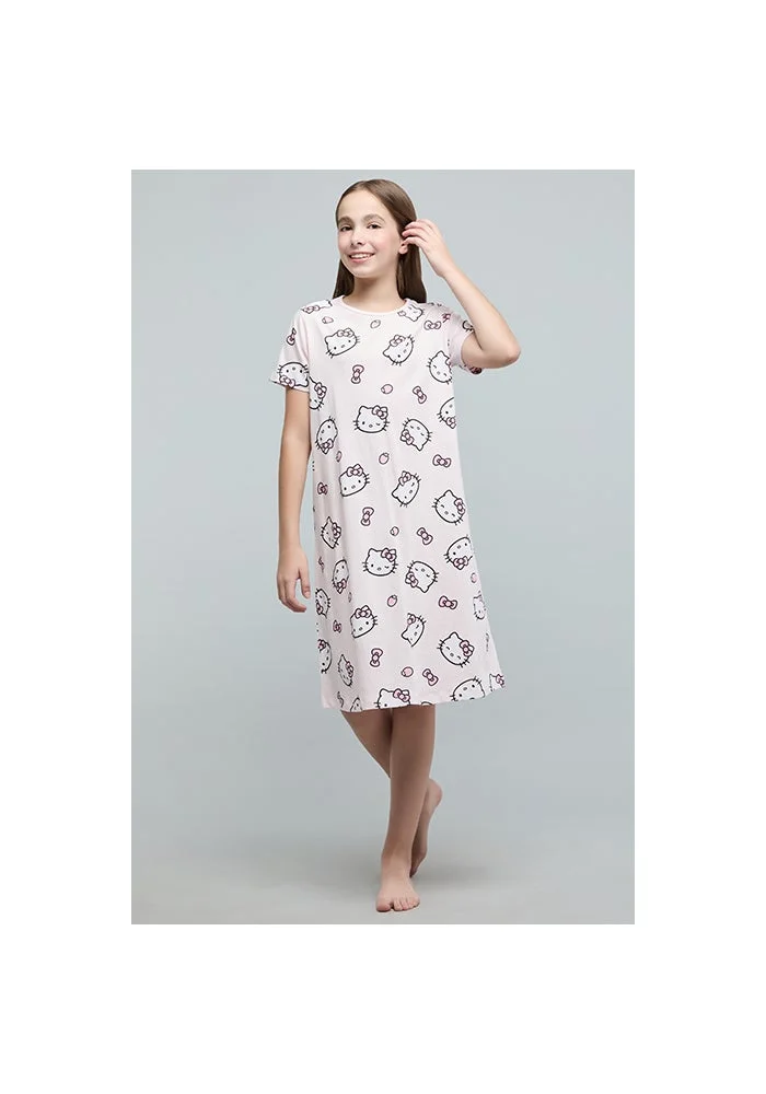 R&b Hello Kitty Print Nightdress with Crew Neck and Short Sleeves
