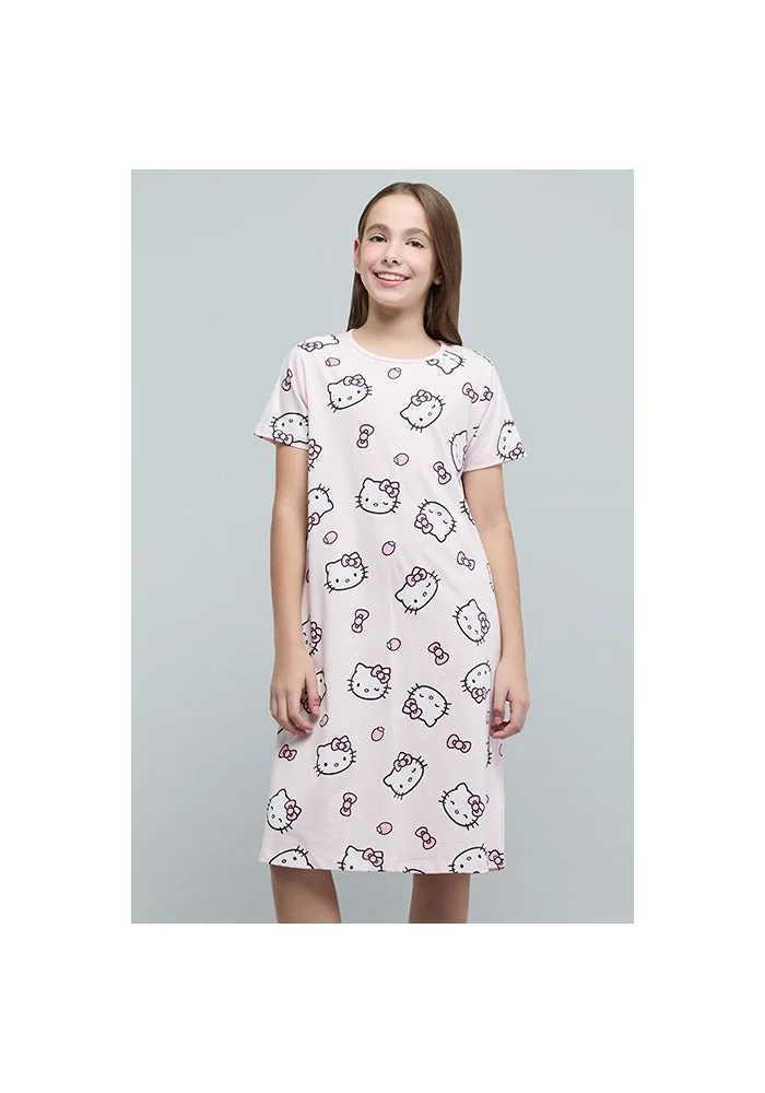 R&b Hello Kitty Print Nightdress with Crew Neck and Short Sleeves