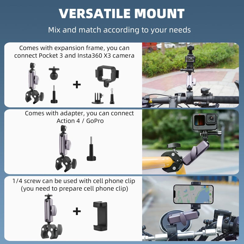 BRDRC Pocket 3 Camera Bike Mount Clamp Motorcycle Handle Holder Aluminum for Insta360 X5 X4 X3 Ace Pro Go 3S, for DJI Osmo Pocket 3 2 Mobile 7P Action 5 Pro 4 3, for GoPro Max Hero Mini Accessories - Image 2