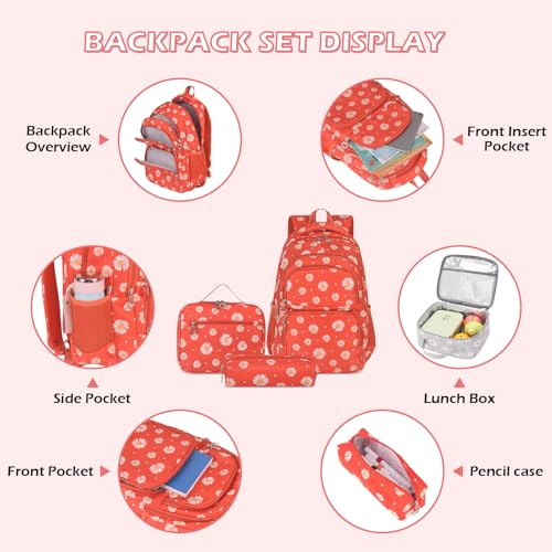 goldwheat Daisy Printed Backpacks With Lunch Pack Pencil Case 3pcs, Lightweight Water Resistant Bookbag For Middle School - Image 5