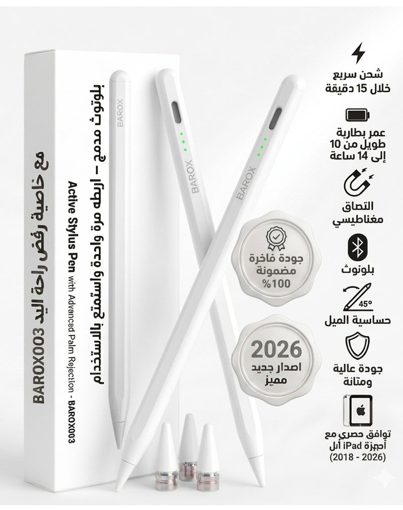 BAROX Apple iPad Stylus Pencil for 2018-2026 Models with Palm Rejection & Bluetooth, for Gen 11, iPad a16, 10th, 9th, 8th, 7th, 6th Gen, iPad Pro, Mini, Air - Fast USB-C Charging - pen White.This pen is compatible only with Apple iPads and is not compatible with Android tablets. - Image 1