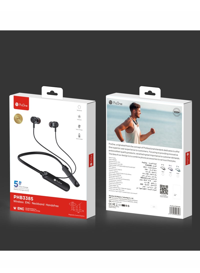 ProOne PHB3385 Wireless ENC Neckband Handsfree – 100 Hours Playtime, Vibration Alerts, 5 Voice Effects, Magnetic Design - Image 3