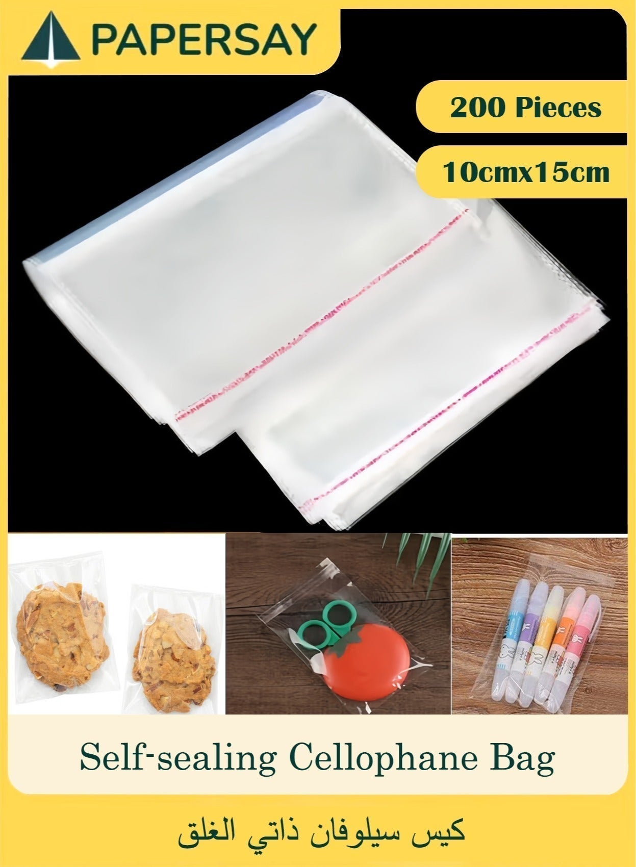 200 Pieces Transparent Self-sealing Cellophane Bag, 10x15 cm, Biscuit Packaging Bags, Resealable Cellophane Bags for Packaging Biscuits, Gifts, Favours, Candies, Stationery, All Cinds of Daily Necessities