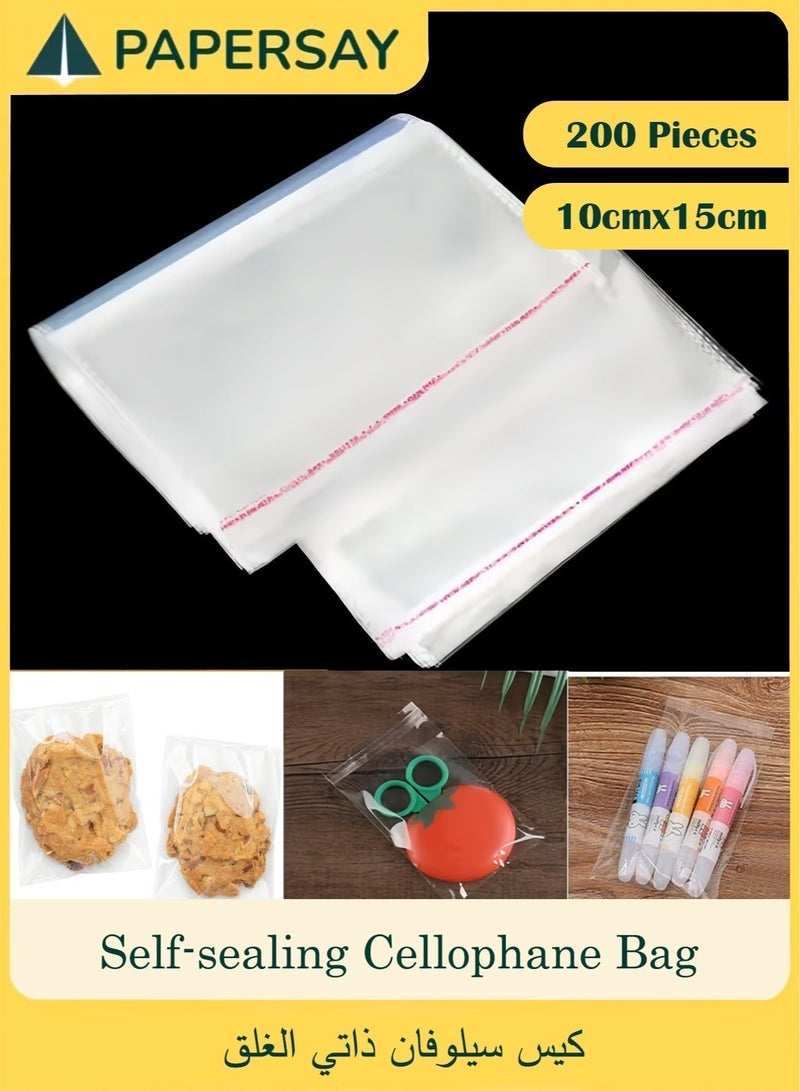 PAPERSAY 200 Pieces Transparent Self-sealing Cellophane Bag, 10x15 cm, Biscuit Packaging Bags, Resealable Cellophane Bags for Packaging Biscuits, Gifts, Favours, Candies, Stationery, All Cinds of Daily Necessities - Image 1