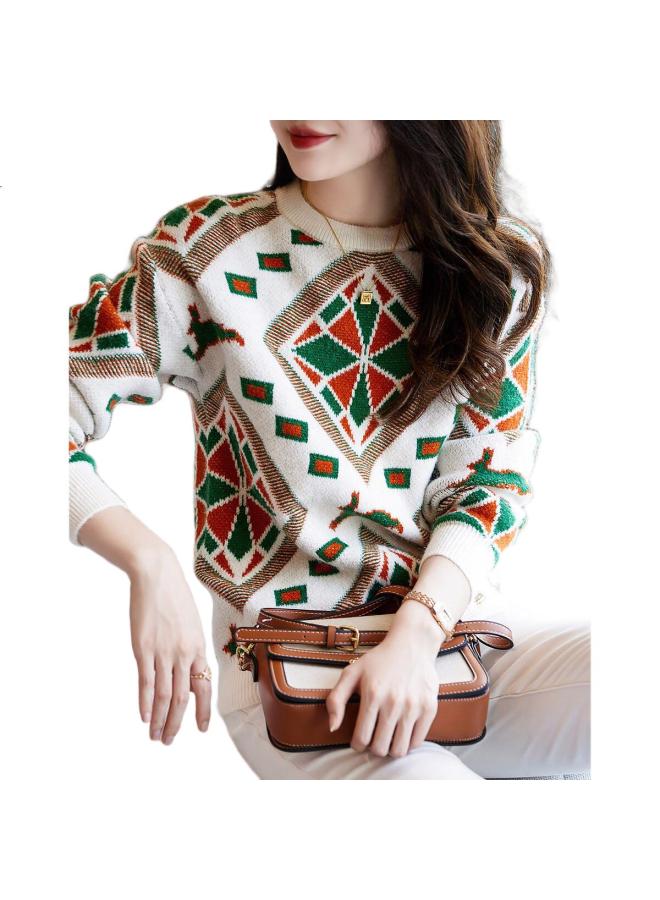 Dme (Dme) Geometric Knitted Sweater For Spring And Autumn, Round Neck, Drop Shoulder, Long Sleeve, Simple And Elastic, Women'S Sweater For Commuting - Image 3