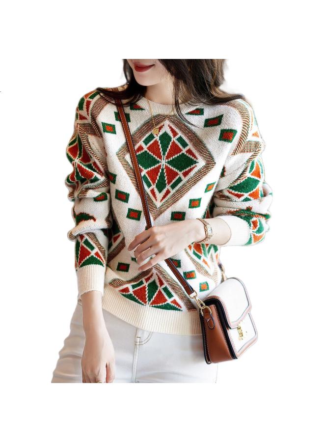 Dme (Dme) Geometric Knitted Sweater For Spring And Autumn, Round Neck, Drop Shoulder, Long Sleeve, Simple And Elastic, Women'S Sweater For Commuting - Image 1