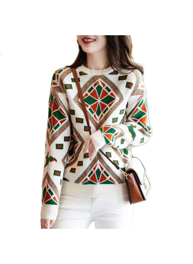 Dme (Dme) Geometric Knitted Sweater For Spring And Autumn, Round Neck, Drop Shoulder, Long Sleeve, Simple And Elastic, Women'S Sweater For Commuting - Image 2