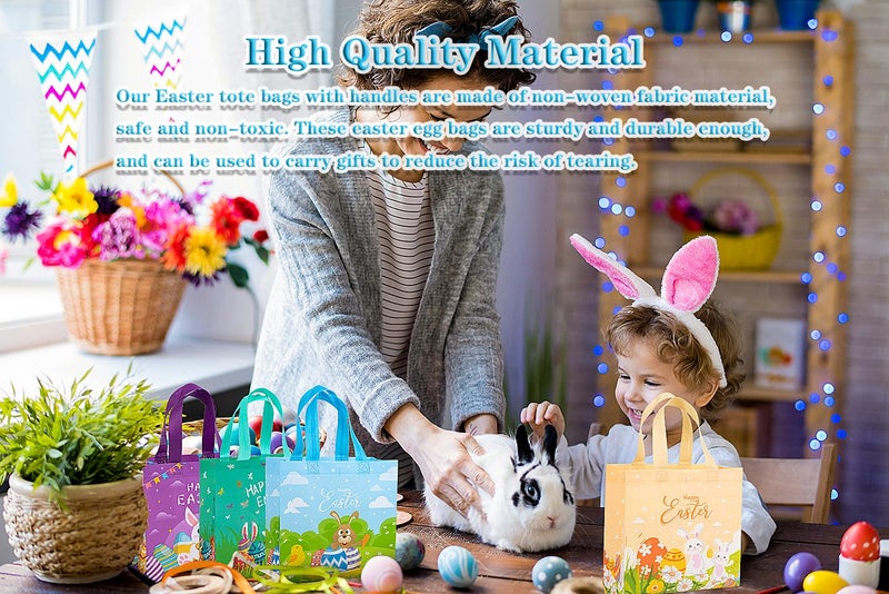 Jaywayang 4Pack Happy Easter Gift Bags, Easter Non-woven Bags with Handle for Kids, Reusable Goodie Bags, Rabbit Bunny Treat Bags, Party Supplies. - Image 3