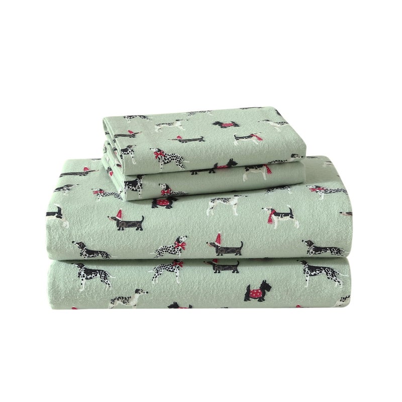 Laura Ashley Flannel Sheets King Size AntiPilling Wrinkle Resistant Cotton Touchably Soft for AllSeason Comfort Bed Sheets with Matching Pillowcases Fitted Sheet Holiday Pups Green - Image 2