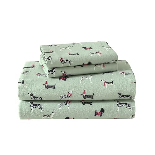 Laura Ashley Flannel Sheets King Size AntiPilling Wrinkle Resistant Cotton Touchably Soft for AllSeason Comfort Bed Sheets with Matching Pillowcases Fitted Sheet Holiday Pups Green - Image 1