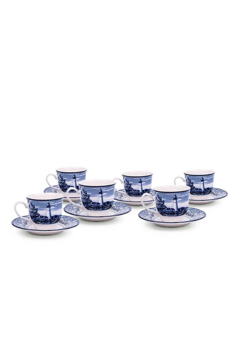 Claytan Halcyon Blue 200 ml Porcelain Coffee & Tea Cup with Matching Saucer (Set Of 6)