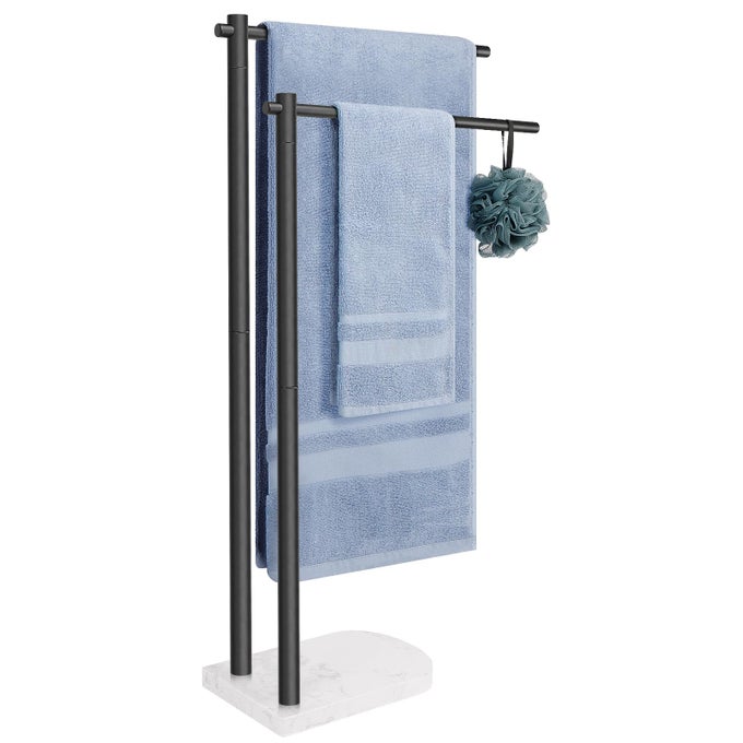 STANDING TOWEL RACK 304 STAINLESS STEEL 2TIER TOWEL HOLDER STAND WITH MARBLE BASE MODERN STYLISH TALL SHOWER TOWEL BAR FOR BATHROOM ACCESSORIES POOLBLACK