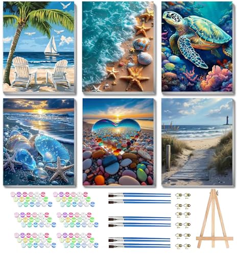 Mrnsiet 6 Pack Paint by Numbers Kits with Framed for Adults Beginners Beach Paint by Number Kits on Canvas with Wooden Easel DIY Acrylic Oil Painting Kits with Brushes for Home Wall Decor 8x12 inch - Image 1