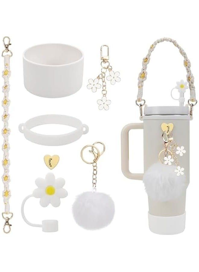 TRASSLE 7Pcs Stanley Cup Accessories Set, Including 1 Water Bottle Carry Strap, 1 Base Protector Boot, 1 Silicone Straw Sleeve, 1 Pom Ball, Daisy Keychain and Heart Shaped Hook for 40/30oz Tumbler  - Image 1