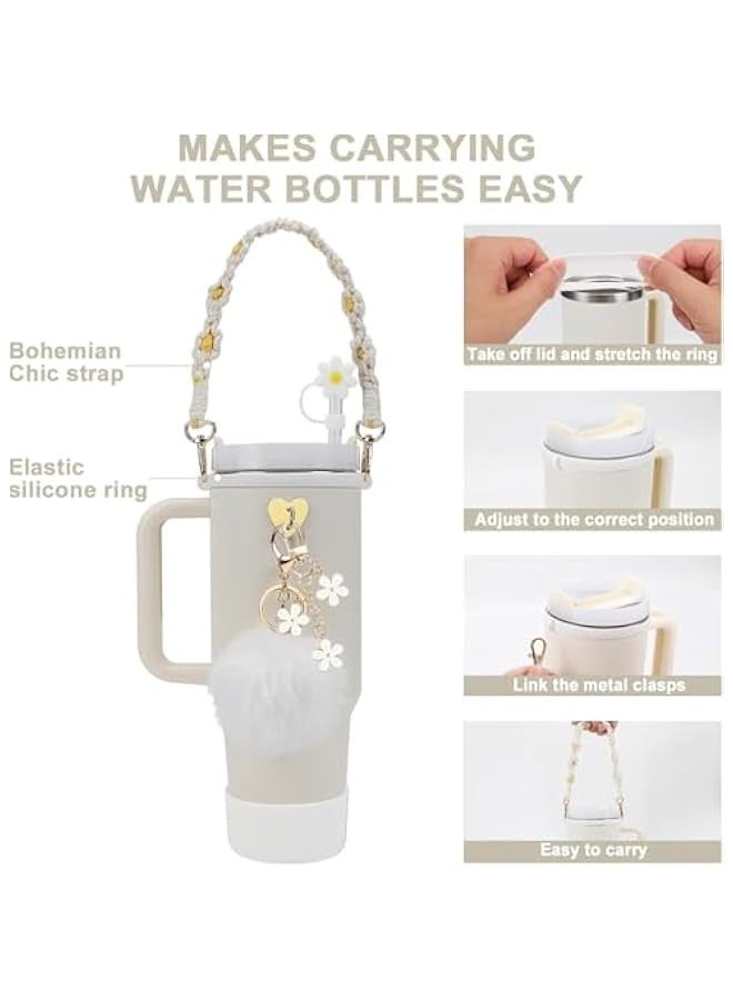 TRASSLE 7Pcs Stanley Cup Accessories Set, Including 1 Water Bottle Carry Strap, 1 Base Protector Boot, 1 Silicone Straw Sleeve, 1 Pom Ball, Daisy Keychain and Heart Shaped Hook for 40/30oz Tumbler  - Image 2
